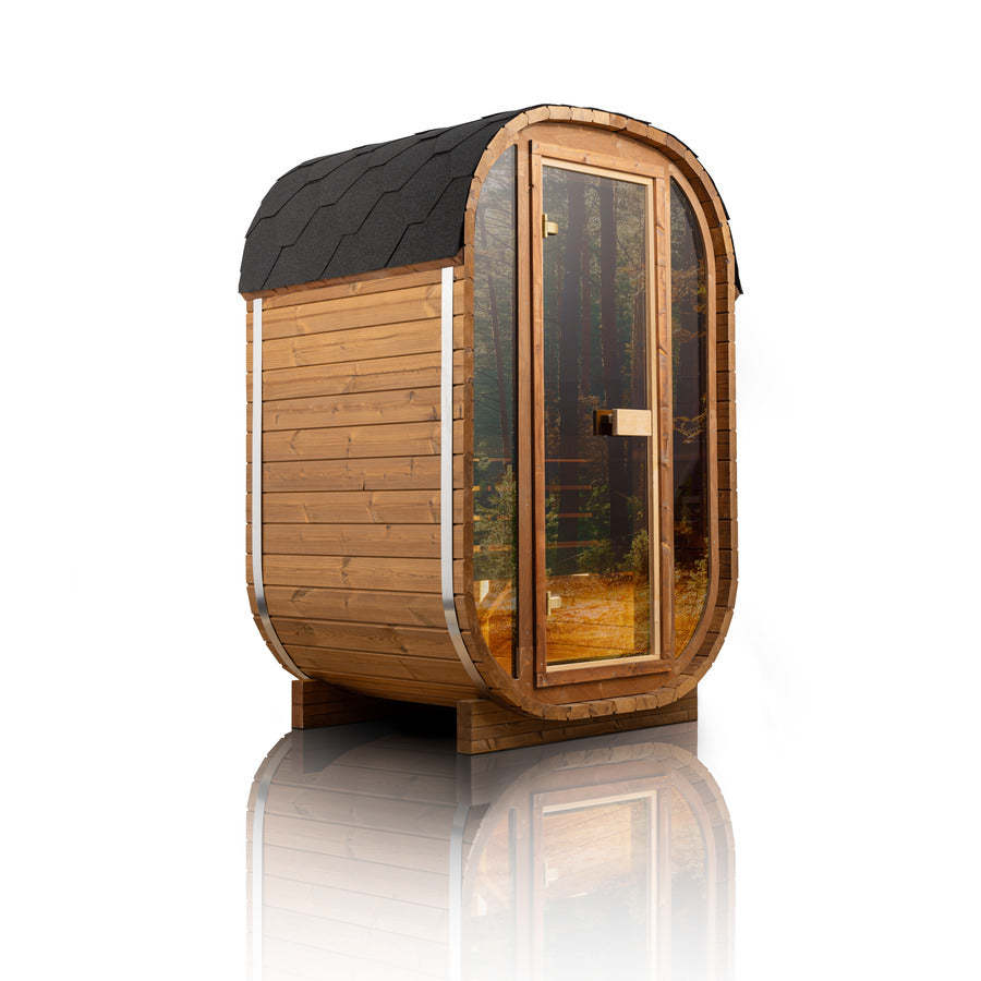 Wooden outdoor barrel infrared sauna with glass door on a white background