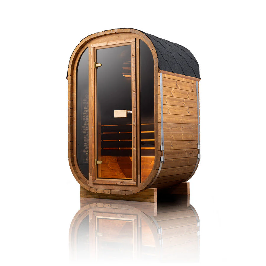 Wooden sauna with glass door on a white background