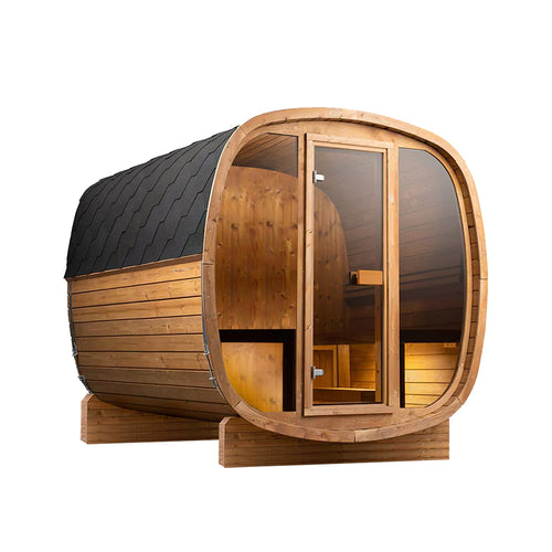 Wooden barrel-shaped sauna with glass door on a white background