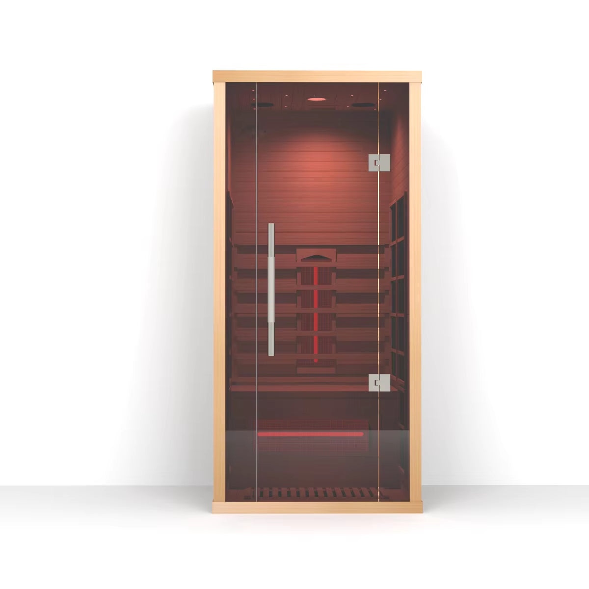 Infrared sauna door with wooden frame and glass panel on a white background