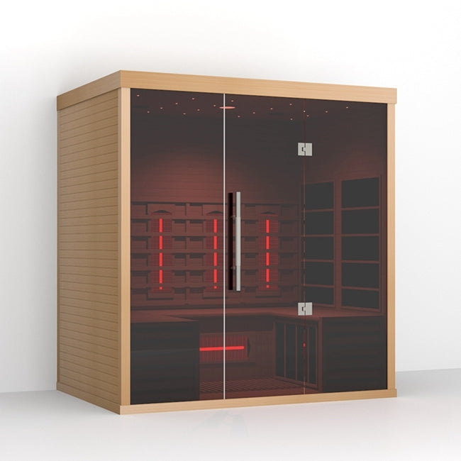 Infrared sauna with wooden exterior and glass doors on a white background