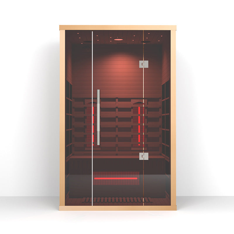 Wooden sauna door with glass panels on a white background