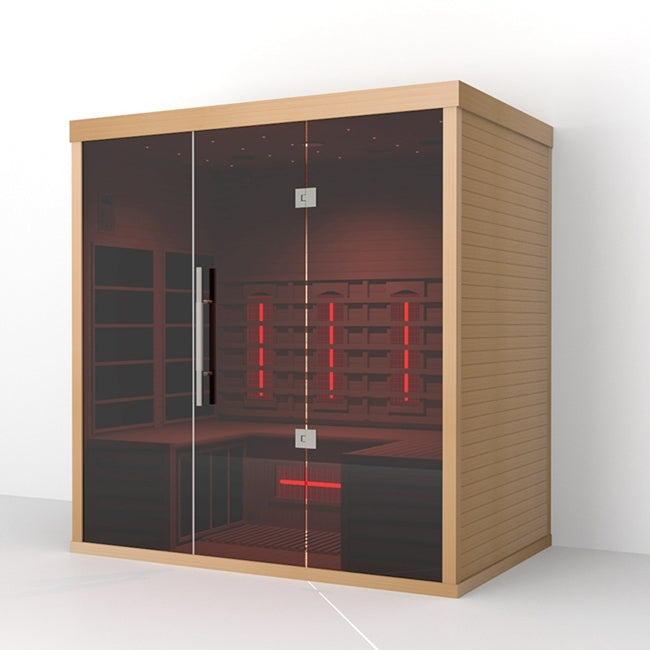 Infrared sauna with wooden exterior and glass doors on a white background