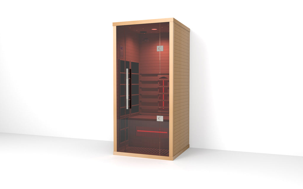 Infrared sauna with wooden exterior and glass door on a white background