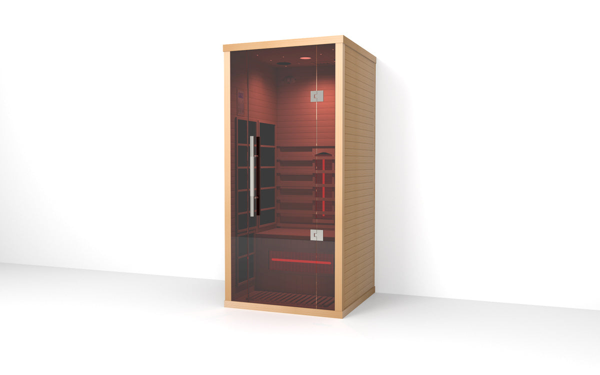 Infrared sauna with wooden exterior and glass door on a white background