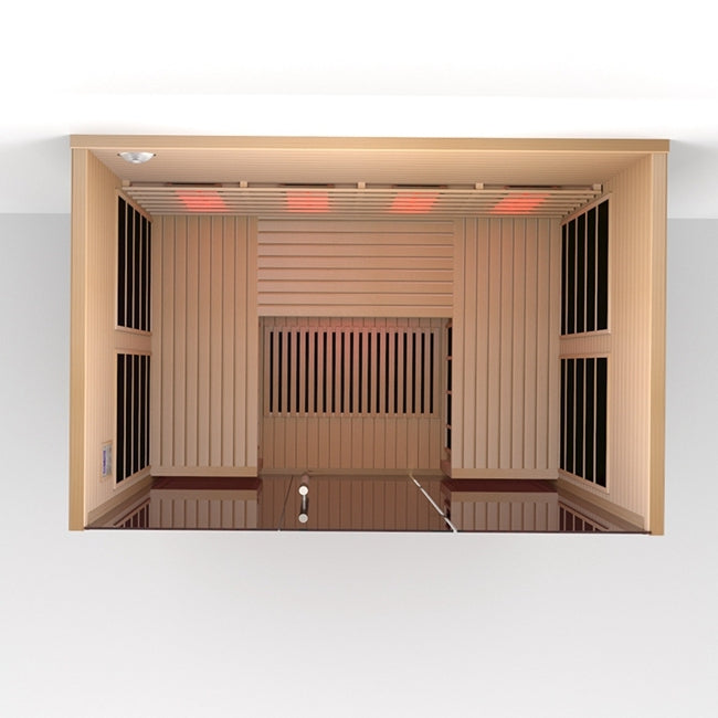 Wooden sauna with infrared lights on a white background