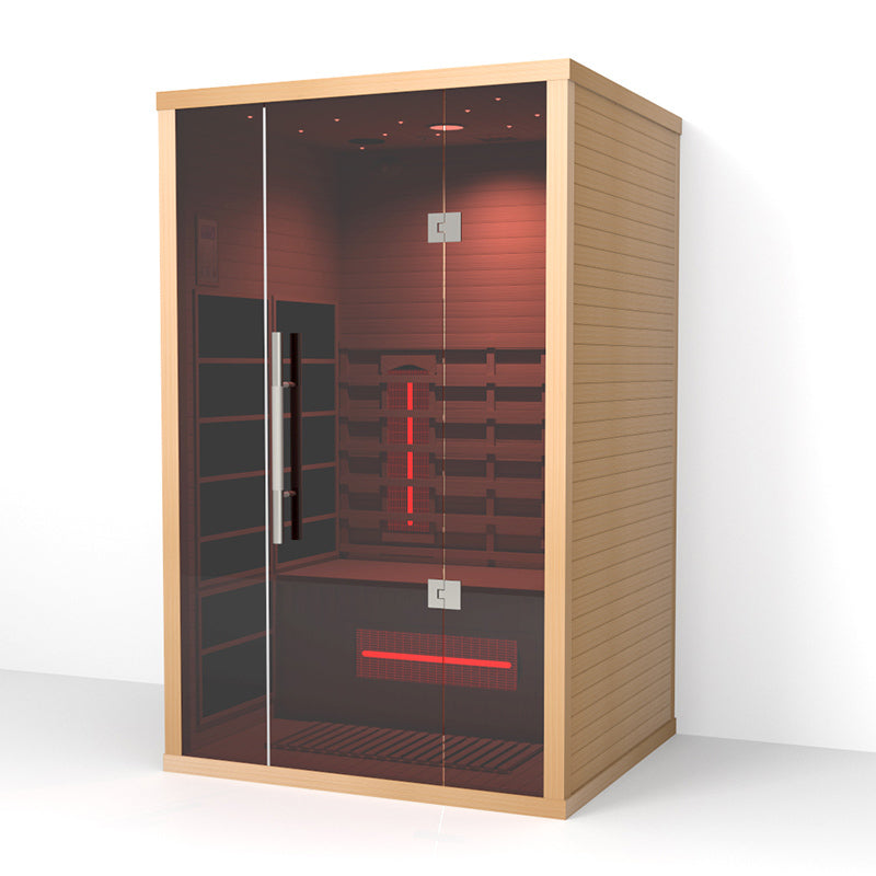 Infrared sauna with wooden exterior and glass doors on a white background