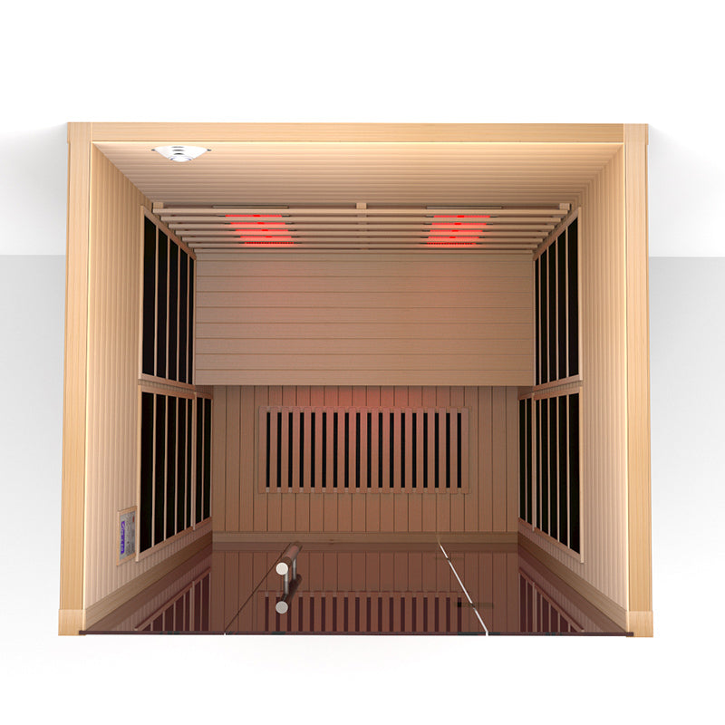 Infrared sauna with wooden interior and heating elements