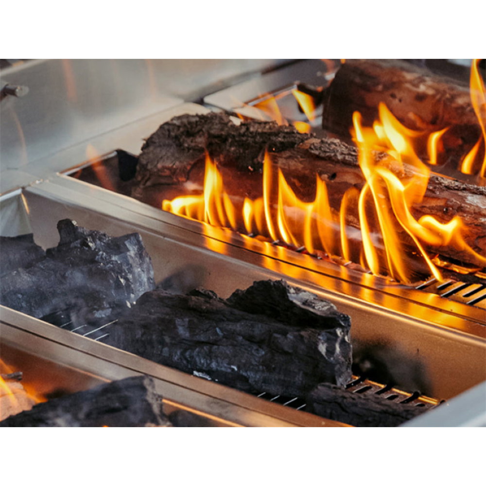 Close-up of a grill with glowing orange flames licking a metal grate, alongside charcoal briquettes and logs.