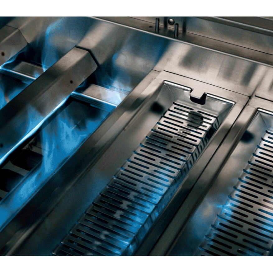 Close-up of a stainless steel gas grill burner assembly with blue flames ignited, showing metal grates and reflective surfaces.