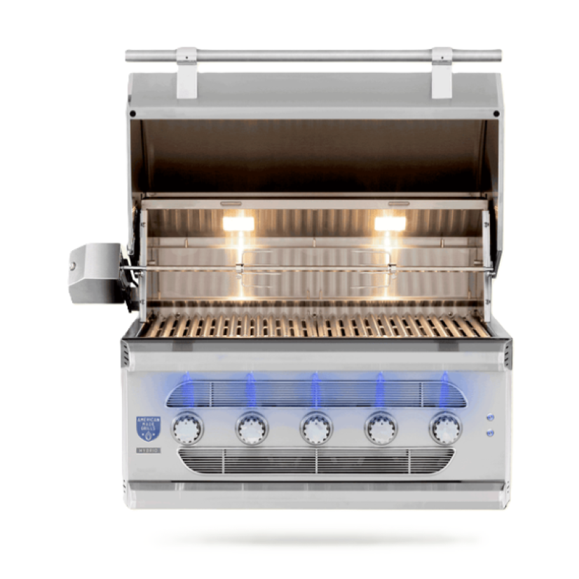 A stainless steel outdoor gas grill with its lid open, showing the lit interior with two burners, grates, and a control panel with five knobs and blue indicator lights, isolated on a white background.