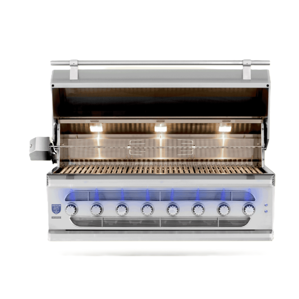 A stainless steel 7-burn outdoor gas grill with its lid open, showing the interior grates and built-in under-shelf lights. The front features a glass window with seven control knobs and blue indicator lights.