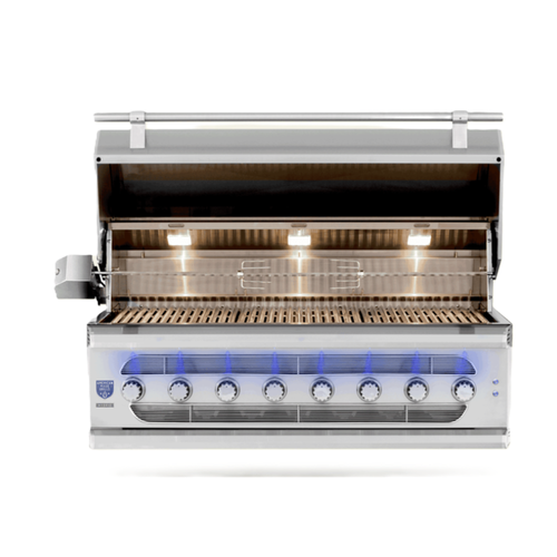 A stainless steel 7-burn outdoor gas grill with its lid open, showing the interior grates and built-in under-shelf lights. The front features a glass window with seven control knobs and blue indicator lights.
