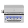 A stainless steel outdoor gas grill with a lid, five control knobs, a temperature gauge, and blue LED flame accents, shown against a plain white background.