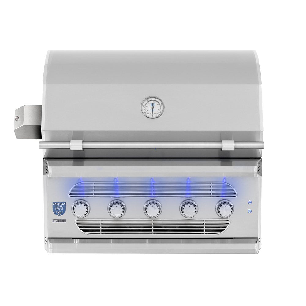 A stainless steel outdoor gas grill with a lid, five control knobs, a temperature gauge, and blue LED flame accents, shown against a plain white background.