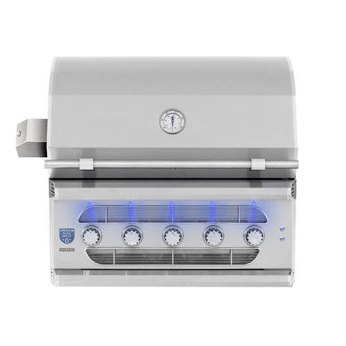 A stainless steel outdoor gas grill with a lid, five control knobs, a temperature gauge, and blue LED flame accents, shown against a plain white background.