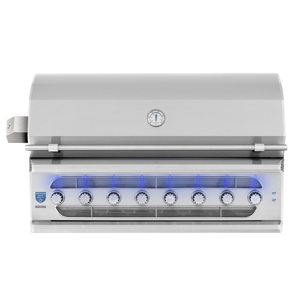 A stainless steel outdoor gas grill with a closed lid, featuring a temperature gauge, six control knobs, and blue LED light accents along the control panel.