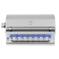 A stainless steel outdoor gas grill with a closed lid, featuring a temperature gauge, six control knobs, and blue LED light accents along the control panel.