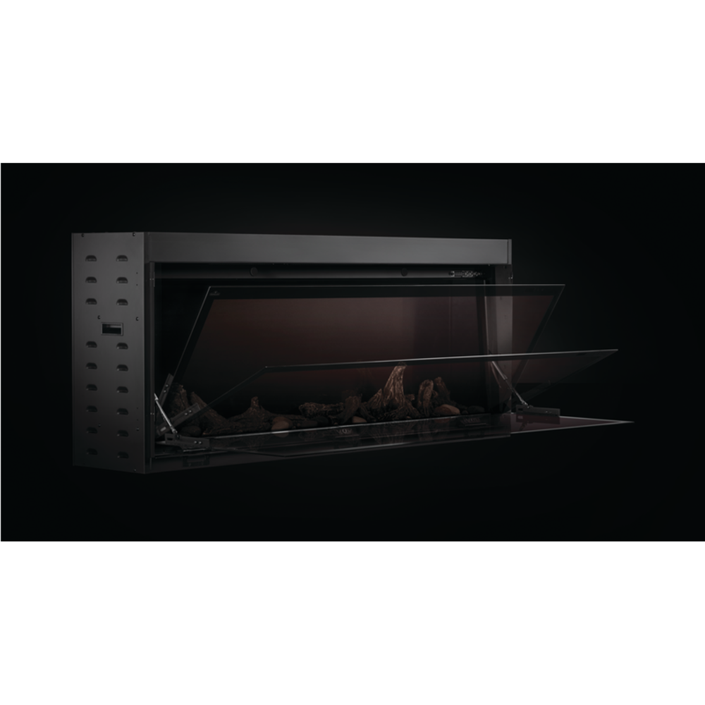 Modern electric fireplace with glass front on a black background