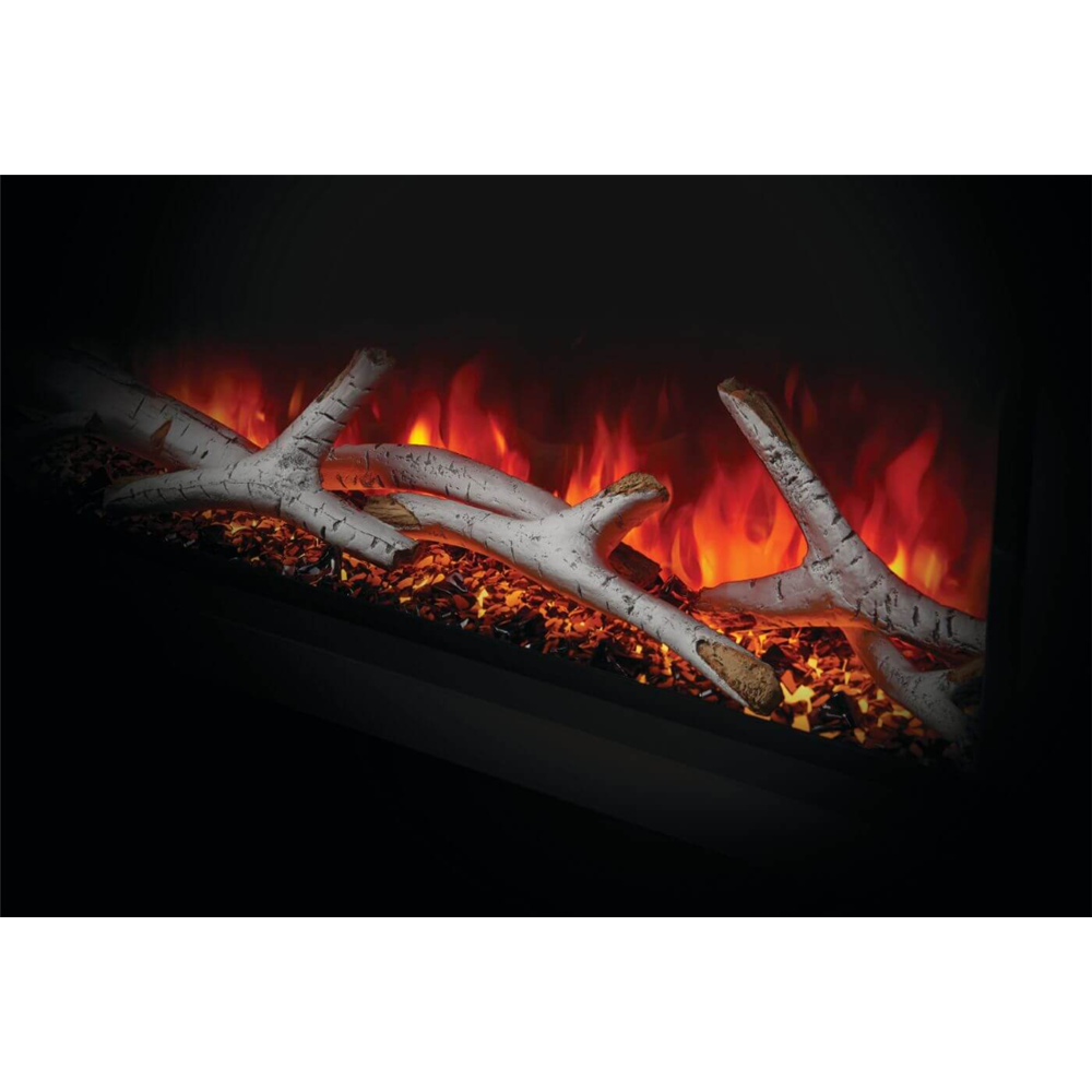 Artificial fireplace logs with glowing embers and flames on a black background