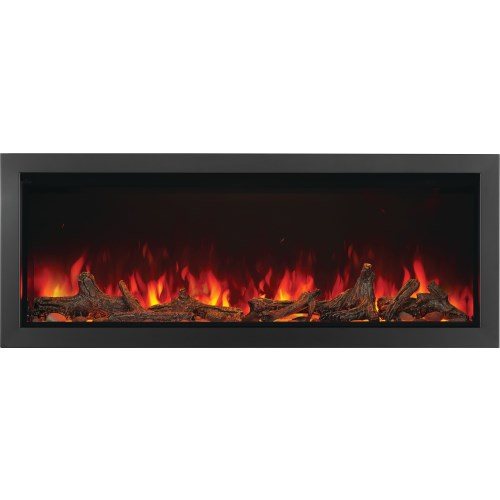 Electric fireplace insert with glowing logs and flames on a white background