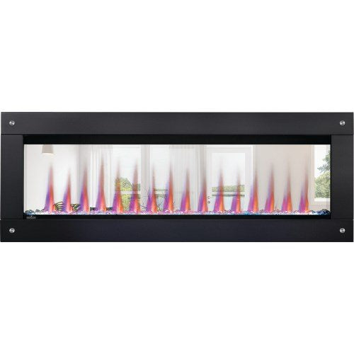 A modern linear electric fireplace with a black frame and a large glass viewing window, showing stylized purple and orange flame effects over a white curtain background.