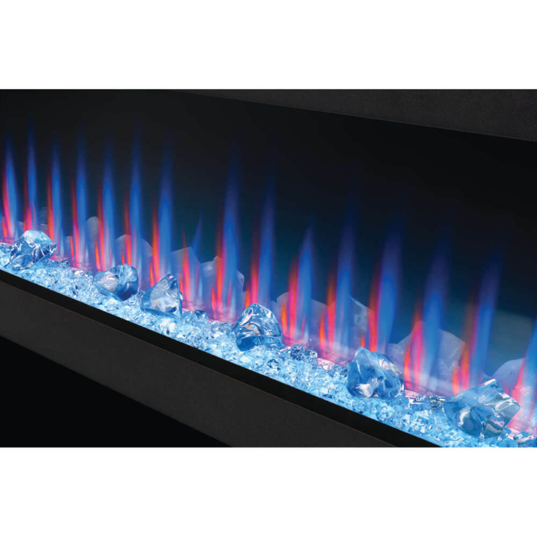 Electric fireplace with blue and red flames and glass effect