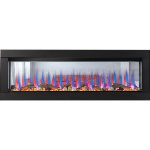Modern electric fireplace with colorful flames on a white background