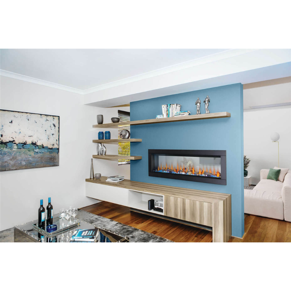 Modern living room with a blue accent wall, electric fireplace, and shelves.