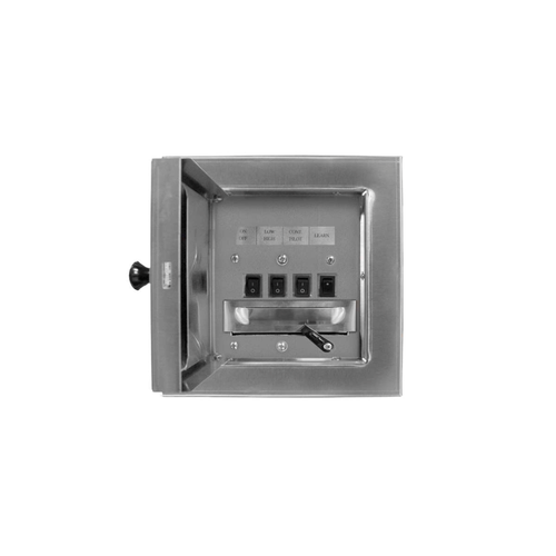 A stainless steel control panel with an open door, showing a control board with switches, labels, and a lever handle, isolated on a white background.