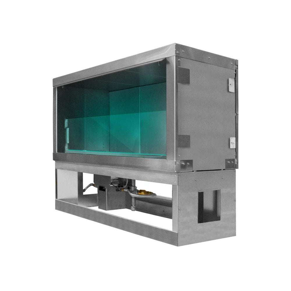 A stainless steel fireplace with a large green-tinted glass front panel and an open lower section, shown on a plain white background.