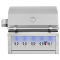 A stainless steel outdoor gas grill with a closed lid, a round temperature gauge, four control knobs on the front, and blue LED lighting accents under the controls, shown on a plain white background.