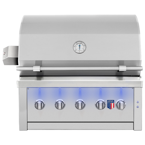 A stainless steel outdoor gas grill with a closed lid, a round temperature gauge, four control knobs on the front, and blue LED lighting accents under the controls, shown on a plain white background.