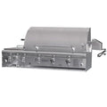 Stainless steel grill with control knobs on a white background