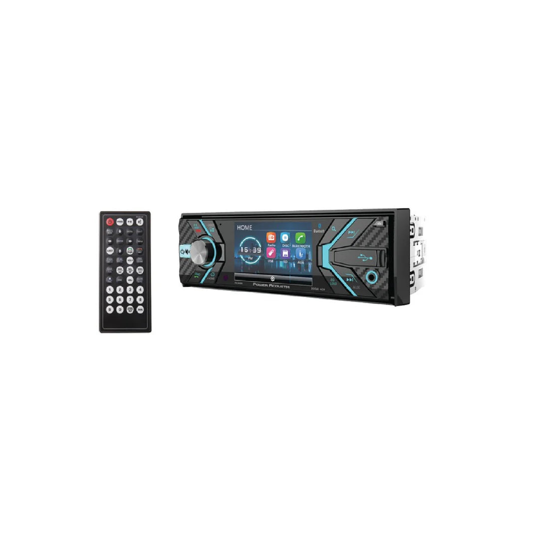 Car stereo system with touchscreen display and remote control on a white background
