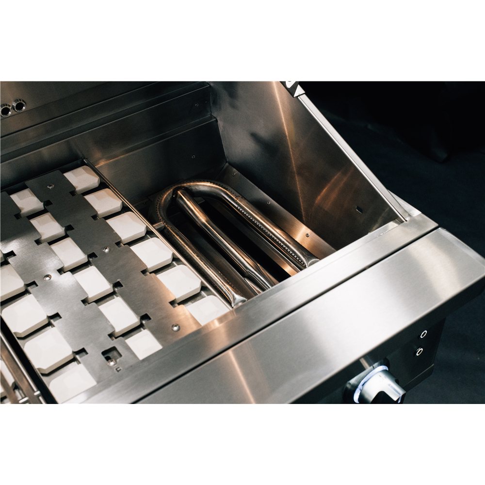 Stainless steel grill with grid and handle on a white background