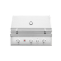 A stainless steel built-in gas grill with a four-burner control panel, four white knobs, and a round temperature gauge on the lid, shown against a plain white background.