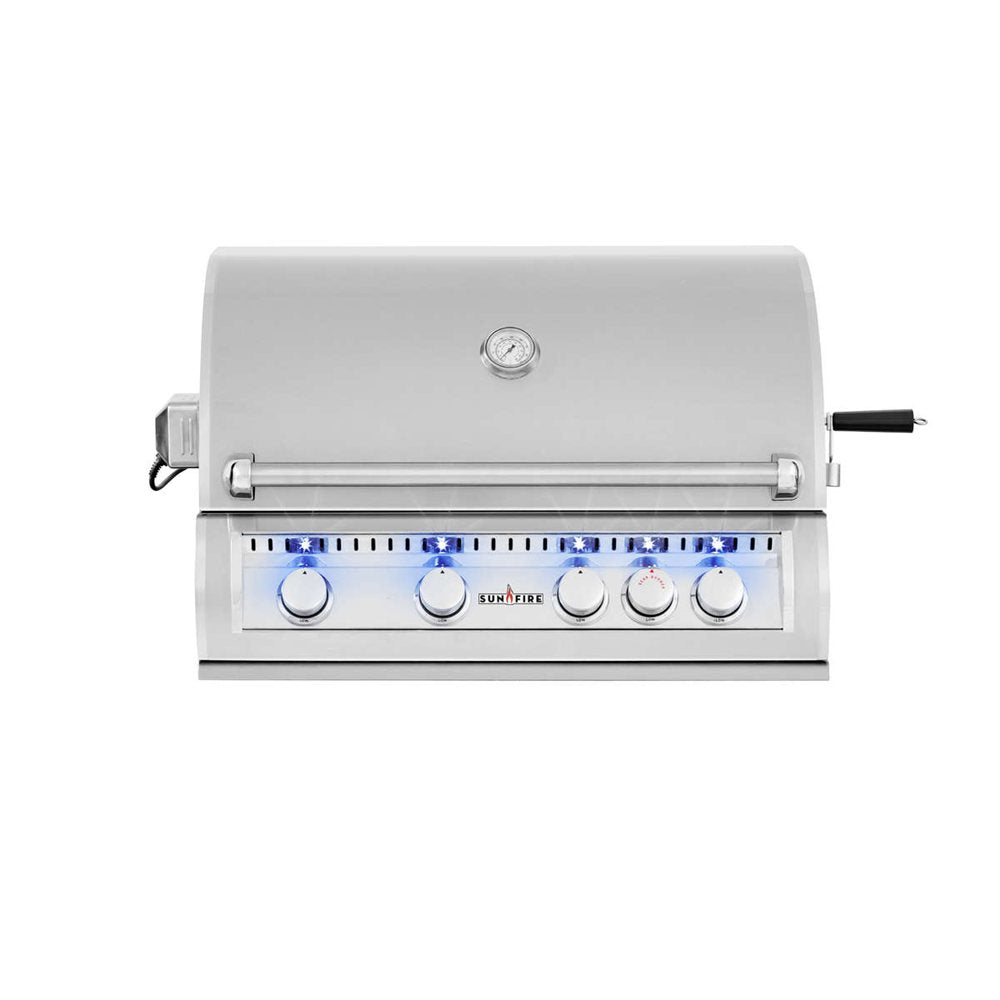 A stainless steel outdoor gas grill with a closed lid, five control knobs, blue flame indicators, and a side handle, shown against a plain white background.