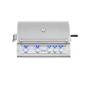 A stainless steel outdoor gas grill with a closed lid, five control knobs, blue flame indicators, and a side handle, shown against a plain white background.