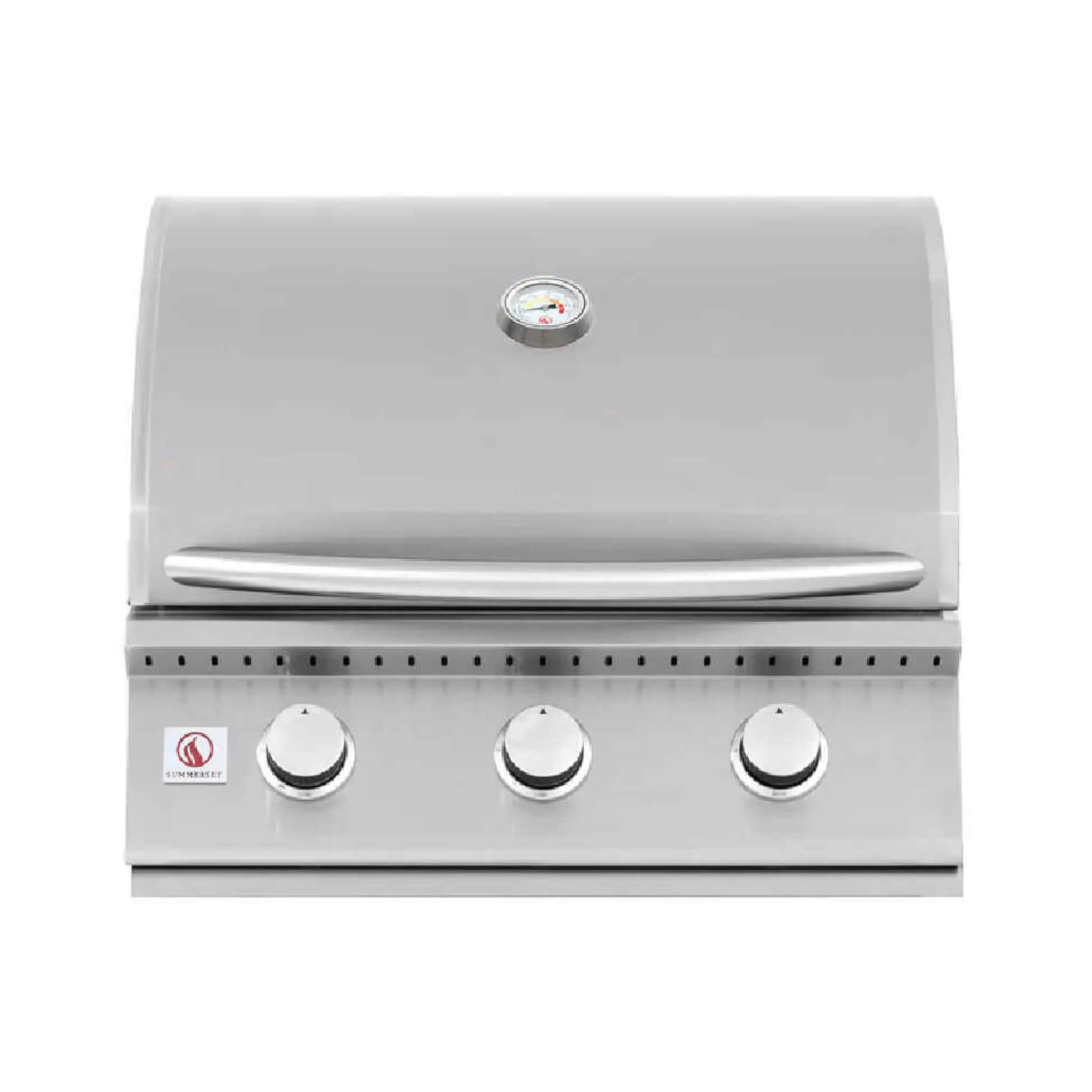 Stainless steel grill with three control knobs on a white background