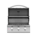 Stainless steel grill with three control knobs on a white background