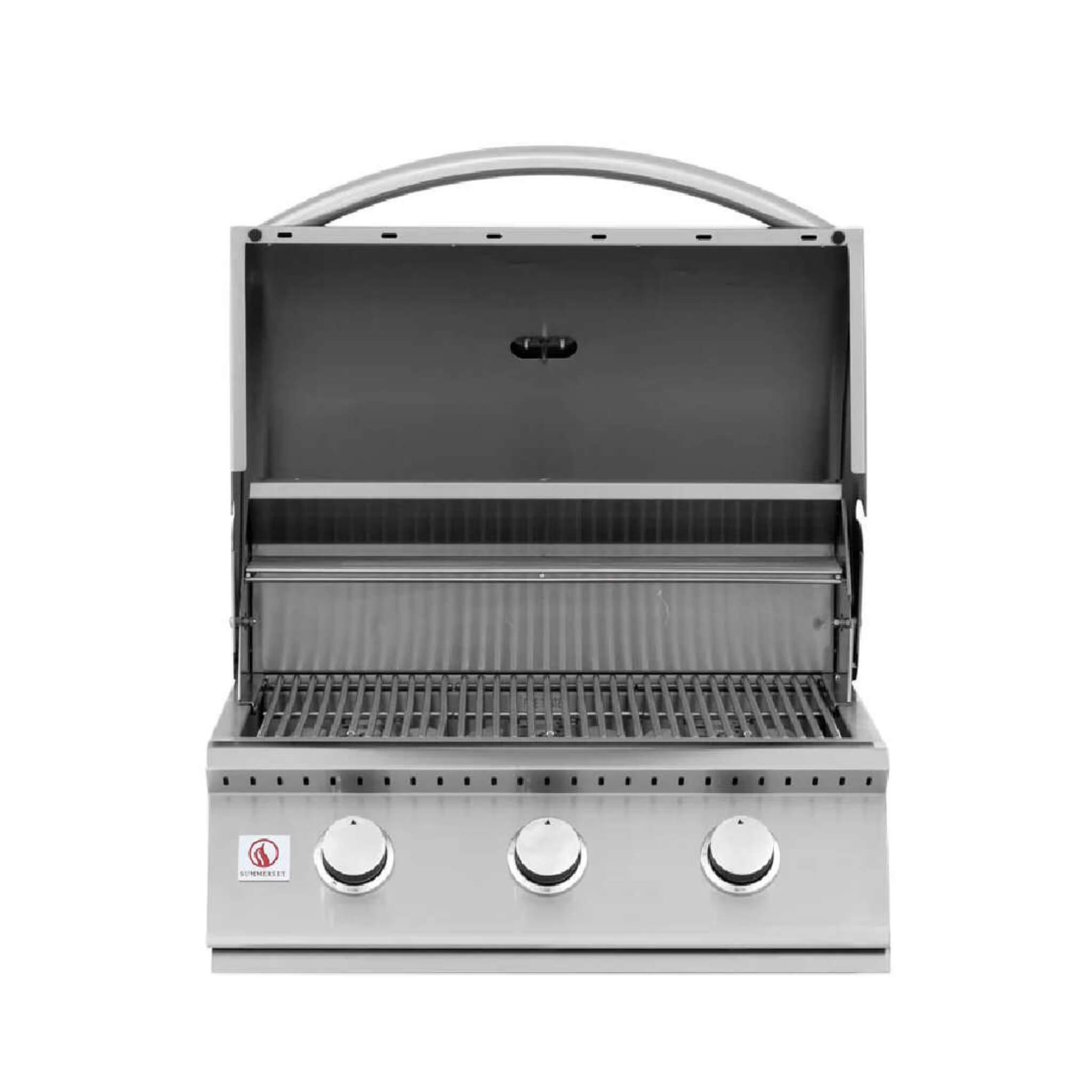 Stainless steel grill with three control knobs on a white background