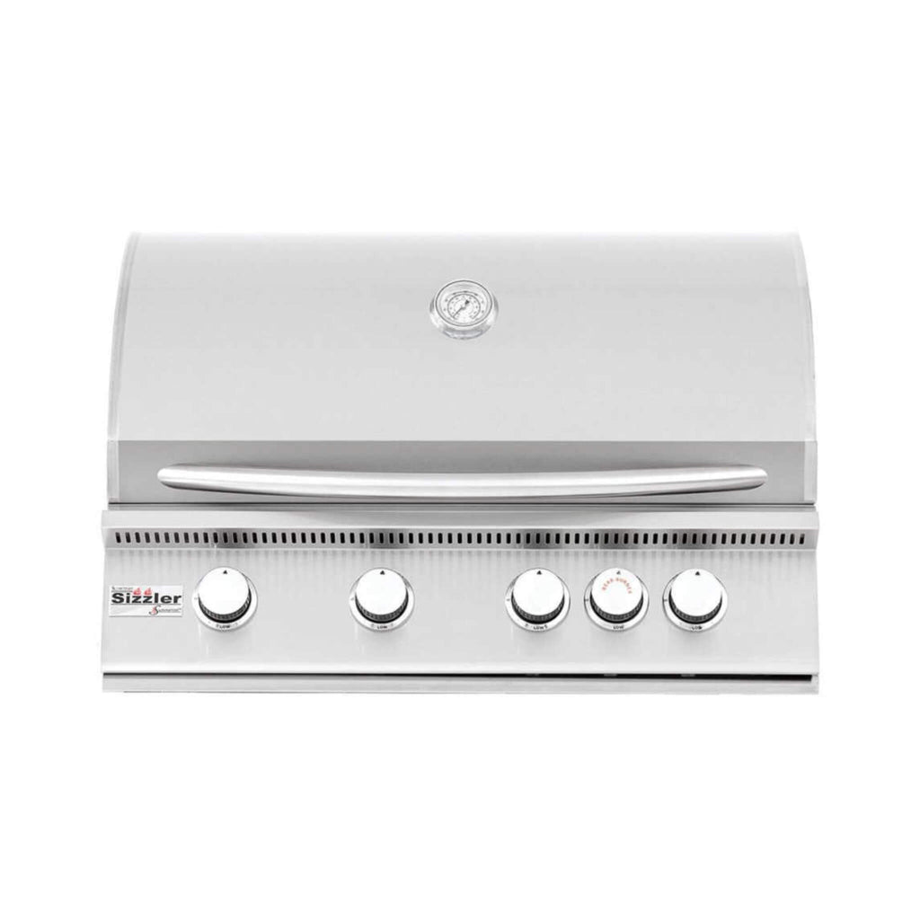 Stainless steel grill with brand logo on a white background