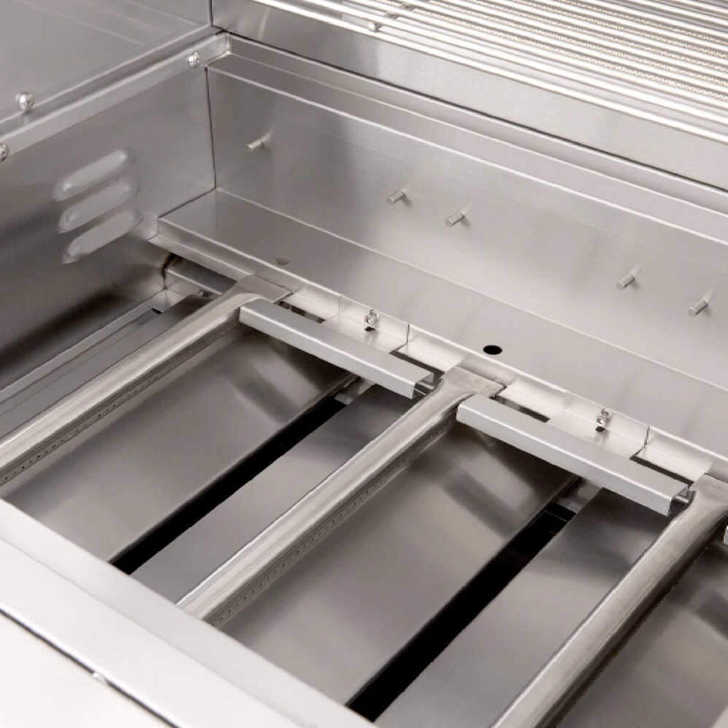 Close-up of a stainless steel grill with open lid
