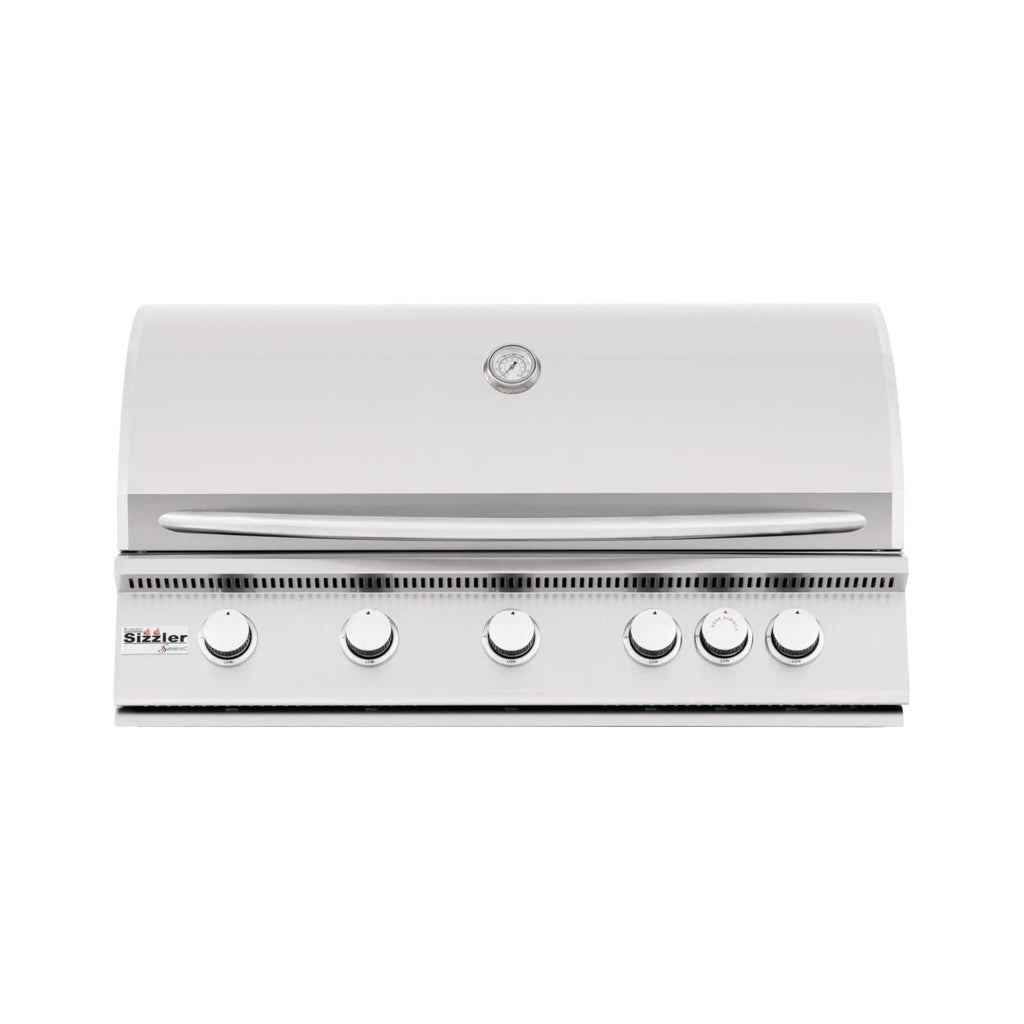 Stainless steel grill with brand logo on a white background