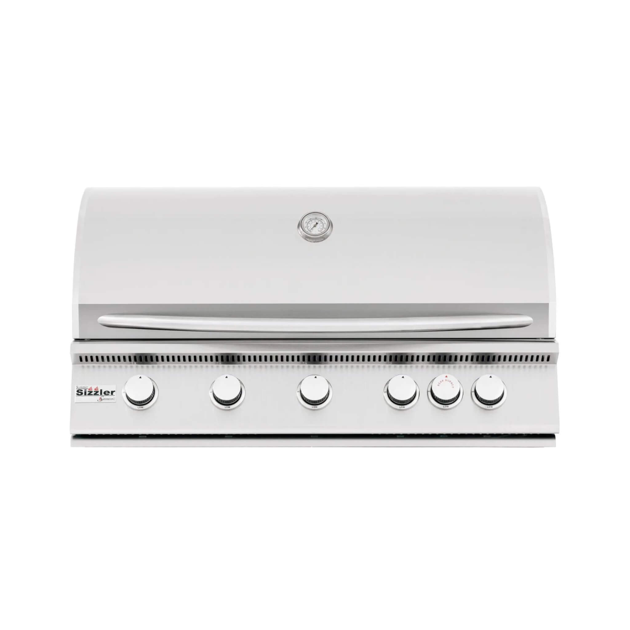 Stainless steel grill with brand logo on a white background