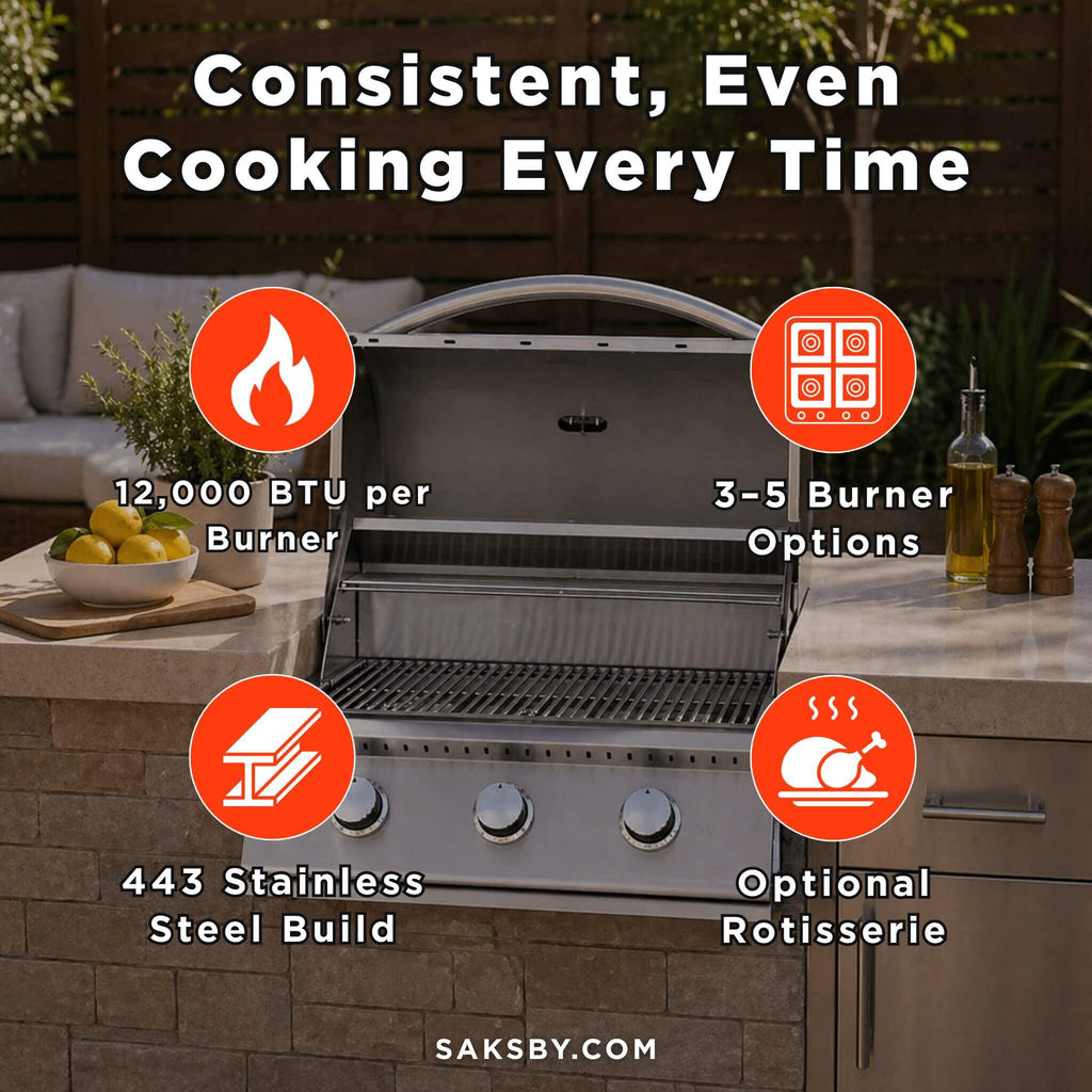 Grill with features highlighted on a patio setting