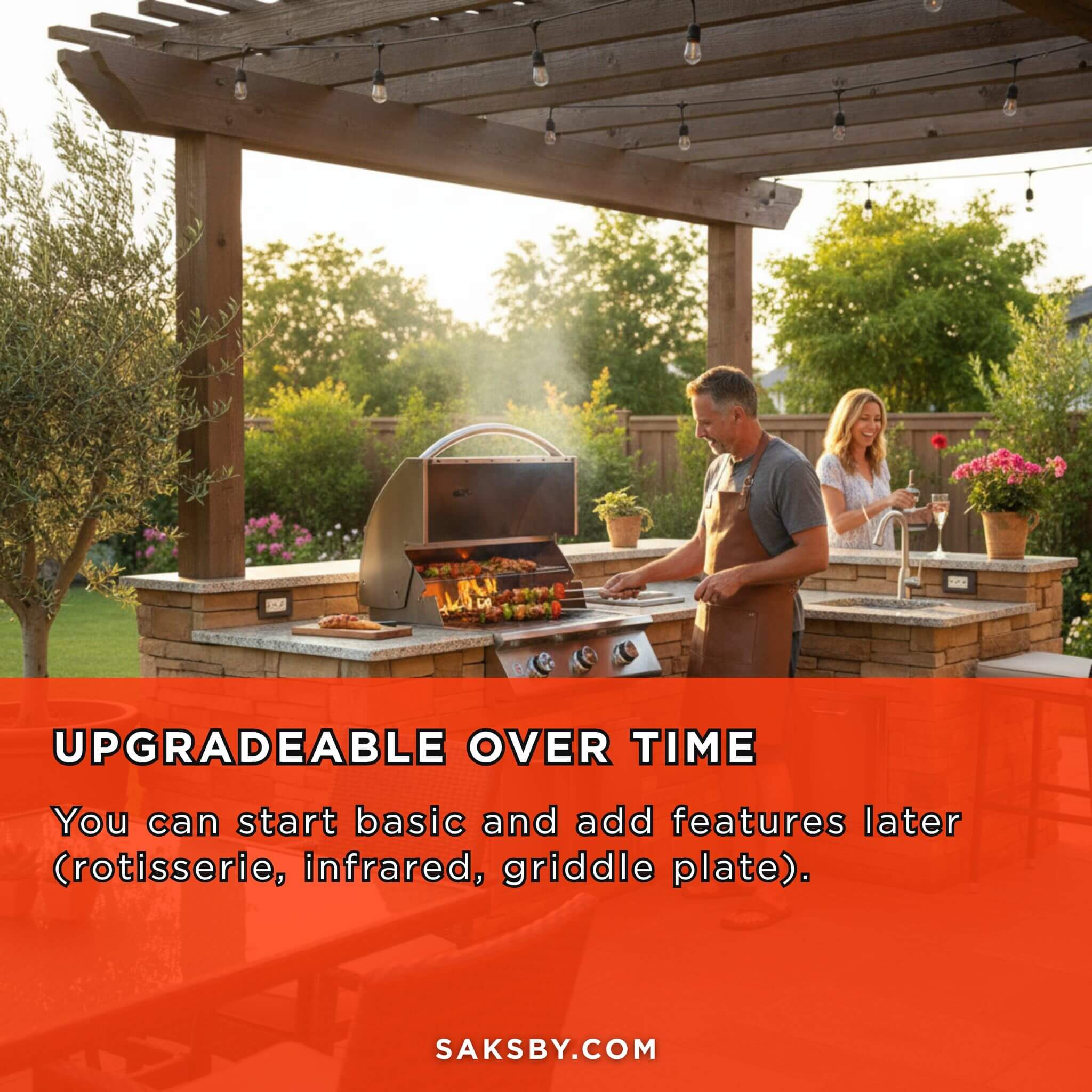 Man grilling outdoors with a woman in the background, featuring a Saksby product advertisement.