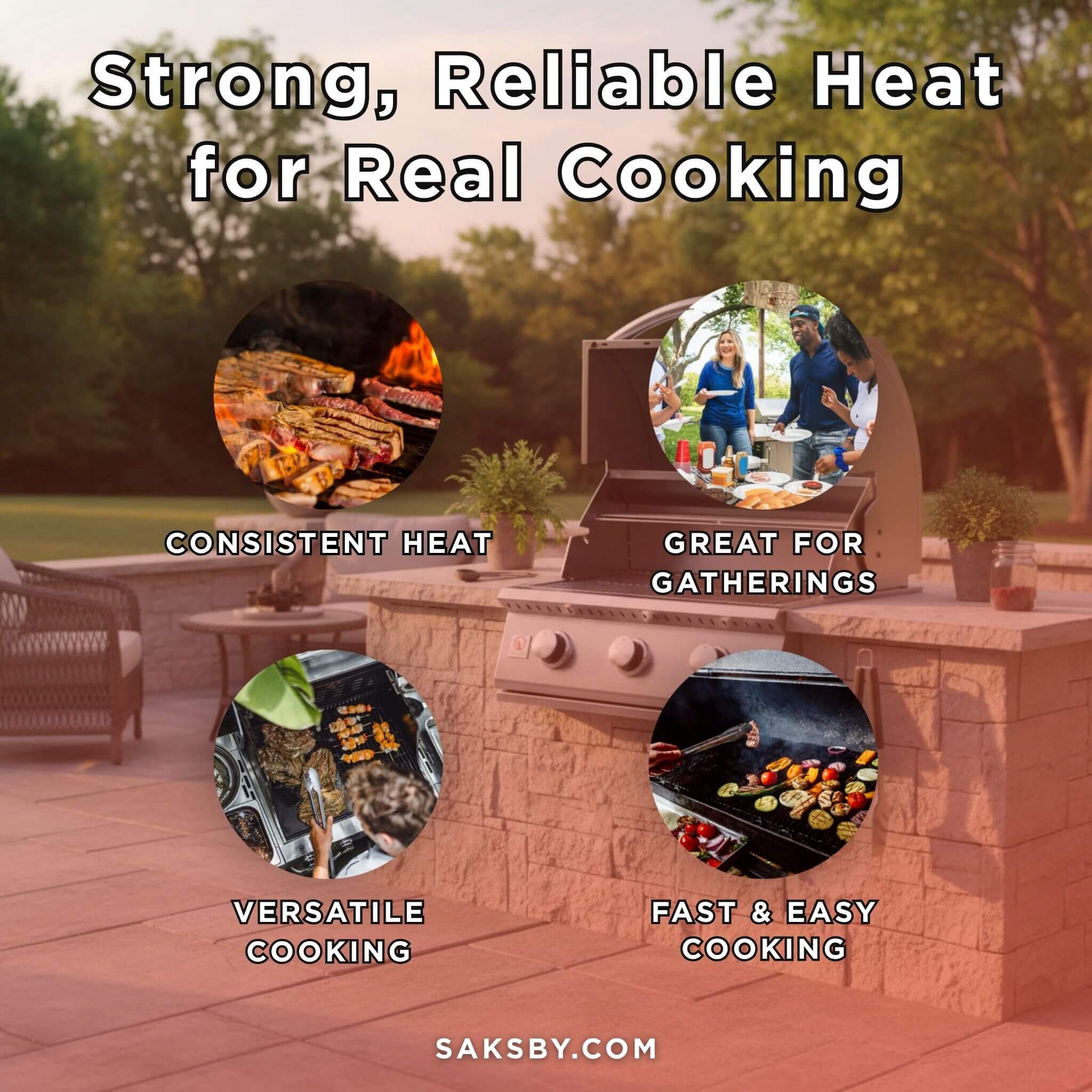 Outdoor grill with text highlighting features like consistent heat, great for gatherings, versatile cooking, and fast & easy cooking.