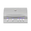 Stainless steel grill with control knobs on a white background